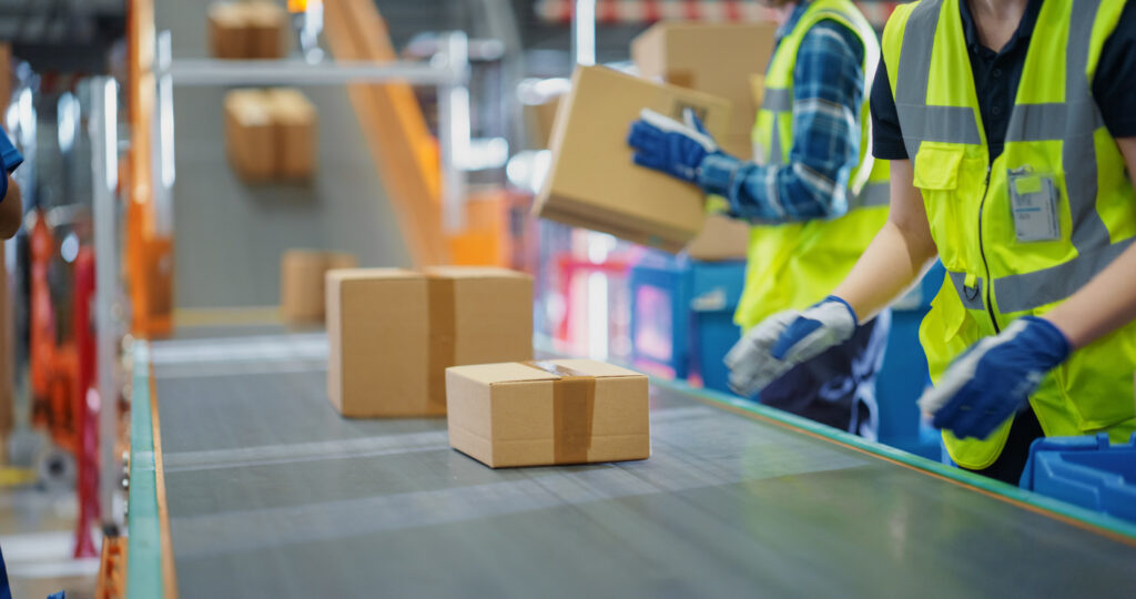 Workers in Safety Vests Loading Parcels Onto a Conveyor in a Modern Sorting Center Facility. People Working Together as a Team in Logistics and Postal Service Operations