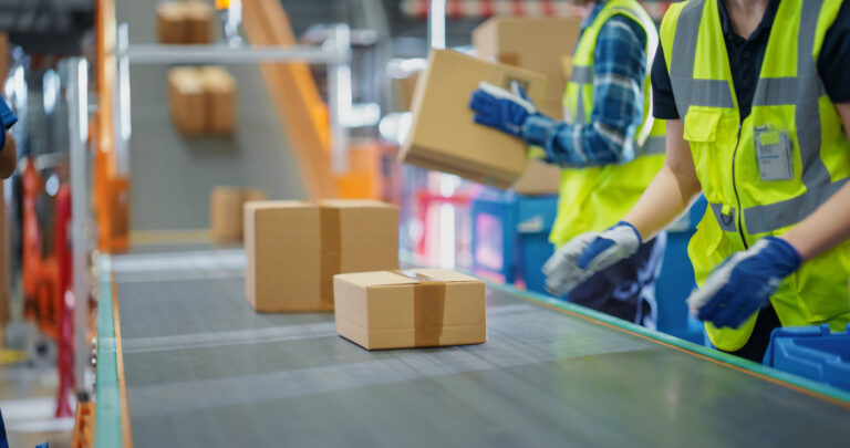 Workers in Safety Vests Loading Parcels Onto a Conveyor in a Modern Sorting Center Facility. People Working Together as a Team in Logistics and Postal Service Operations