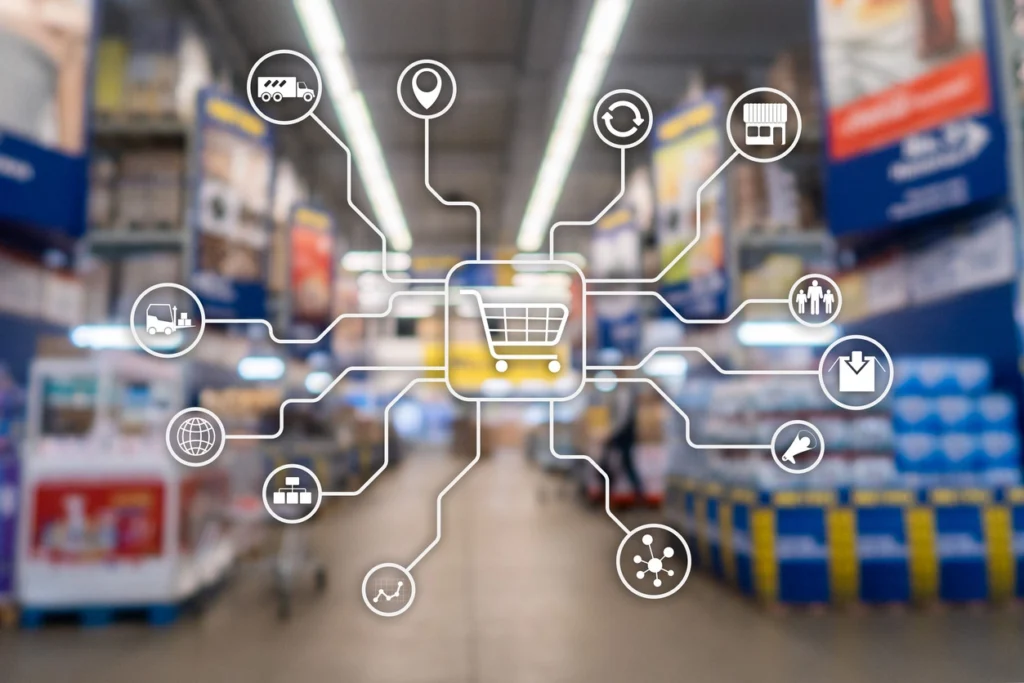 Retail marketing channels, e-commerce, shopping automation concept on a blurred supermarket background.